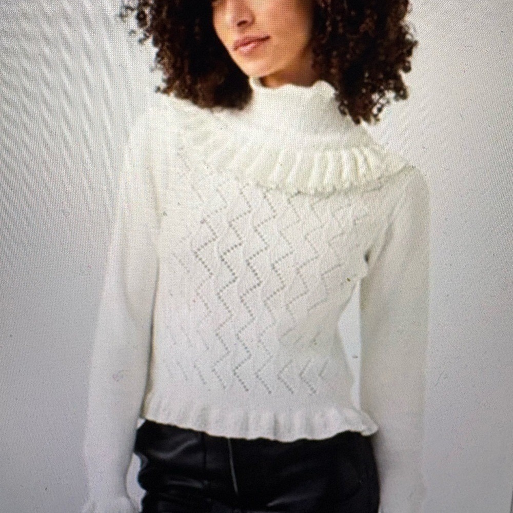 French Connection Ivory Ruffled Turtleneck Sweater L $128